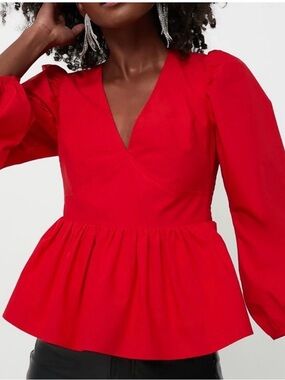 TUCKERNUCK HYACINTH HOUSE Cherry Red Elaina V-Neck Peplum Balloon-Sleeve Top XXL